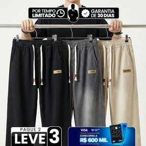 [Leve 3, Pague Só 2!] Calça Dravus Masculina em Algodão Encorpado e Sarja Lavada de Cintura Elástica com Costura Vertical em Relevo