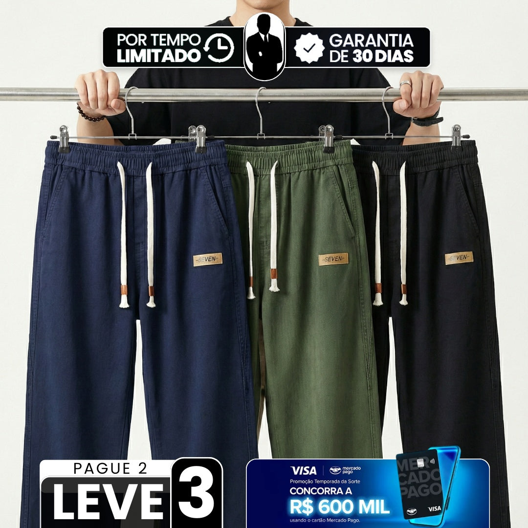[Leve 3, Pague Só 2!] Calça Dravus Masculina em Algodão Encorpado e Sarja Lavada de Cintura Elástica com Costura Vertical em Relevo
