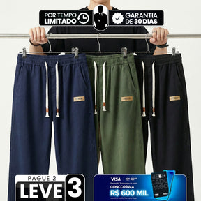 [Leve 3, Pague Só 2!] Calça Dravus Masculina em Algodão Encorpado e Sarja Lavada de Cintura Elástica com Costura Vertical em Relevo