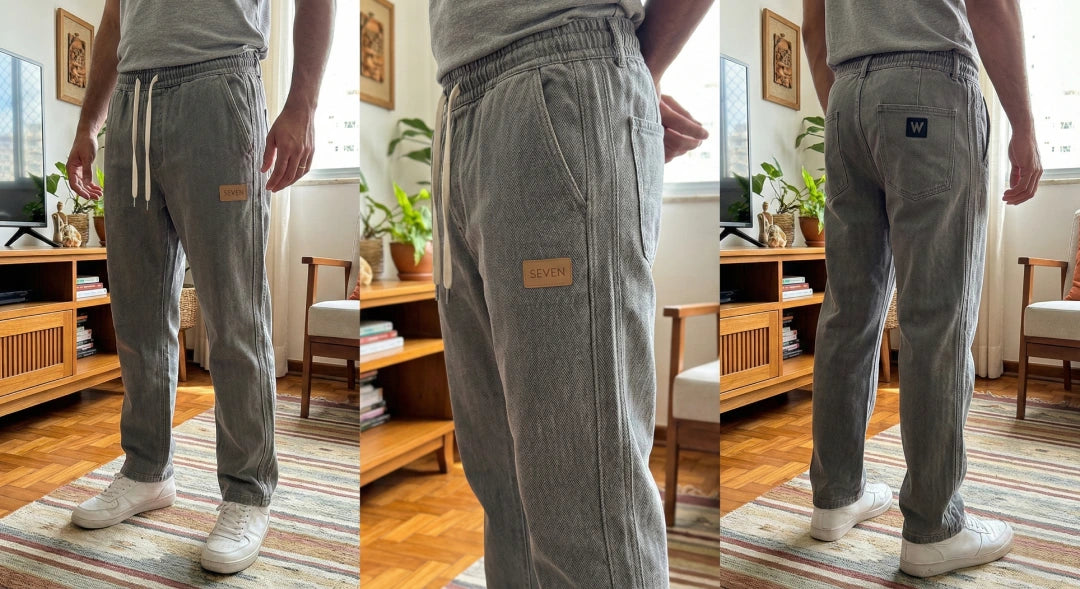 [Leve 3, Pague Só 2!] Calça Dravus Masculina em Algodão Encorpado e Sarja Lavada de Cintura Elástica com Costura Vertical em Relevo