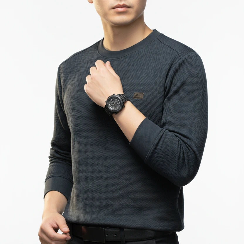 [Leve 6, Pague Só 3] Suéter Masculino Texturizado Sedrax em Malha de Seda Gelo, Viscose e Spandex + BRINDES: Relógio e Cinto