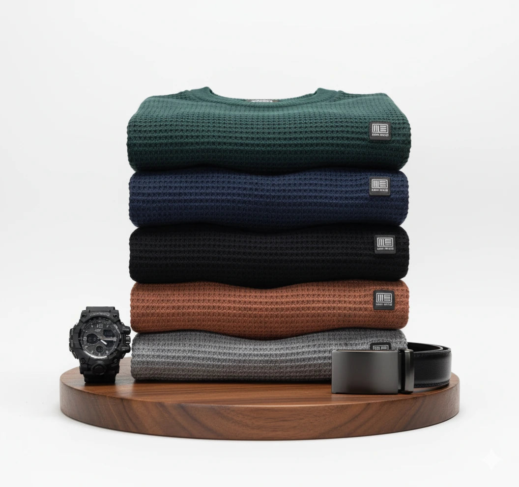 [Leve 6, Pague Só 3] Suéter Masculino Texturizado Sedrax em Malha de Seda Gelo, Viscose e Spandex + BRINDES: Relógio e Cinto