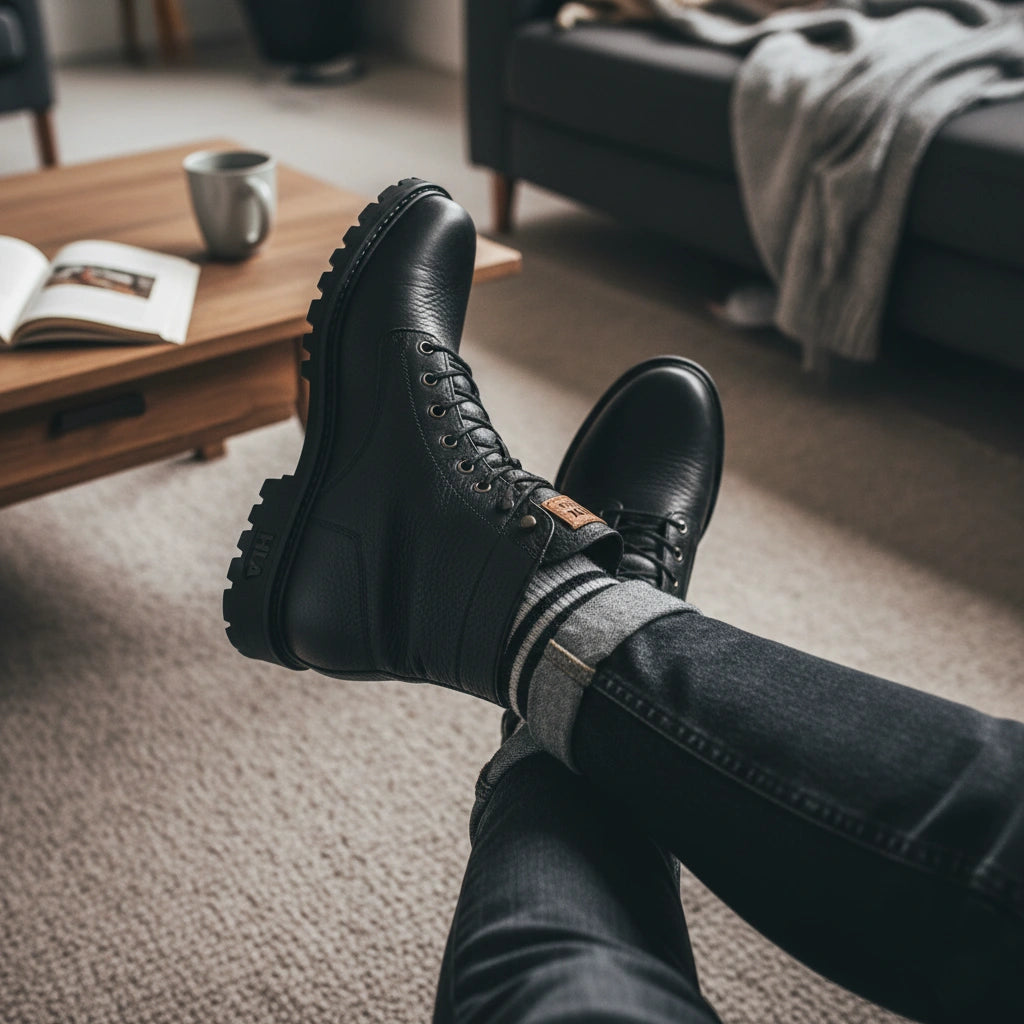 Bota Sentinel Masculina Antiderrapante de Cano Médio em Couro Legítimo e Lã Natural + 4 Cuecas, Relógio e Cinto GRÁTIS