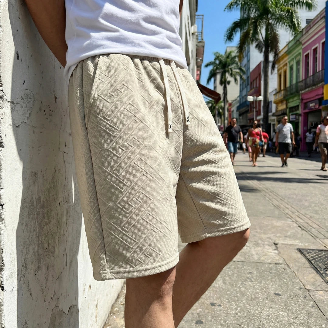 [Leve 3, Pague Só 2!] Bermuda Dravon Masculino em Malha Jacquard Texturizada de Algodão e Poliéster com Padrão Geométrico 3D