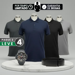 [Leve 4, Pague Só 2] Camisa Polo Masculina Drax de Manga Curta em Poliéster e Elastano com Forro Térmico + Relógio e Cinto GRÁTIS