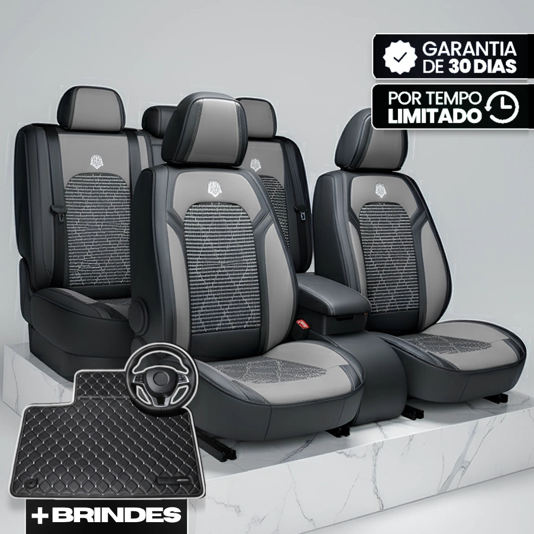 Capa Completa Dominus Automotiva Térmica em Couro Legítimo, Seda Gelada e Malha Extra Forte com Espuma de Memória + Tapete e Capa de Volante GRÁTIS
