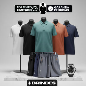 [Leve 5, Pague Só 3] Camisa Polo Mazano Masculina em Poliéster e Spandex com Textura Geométrica e Botões Metálicos + BRINDES